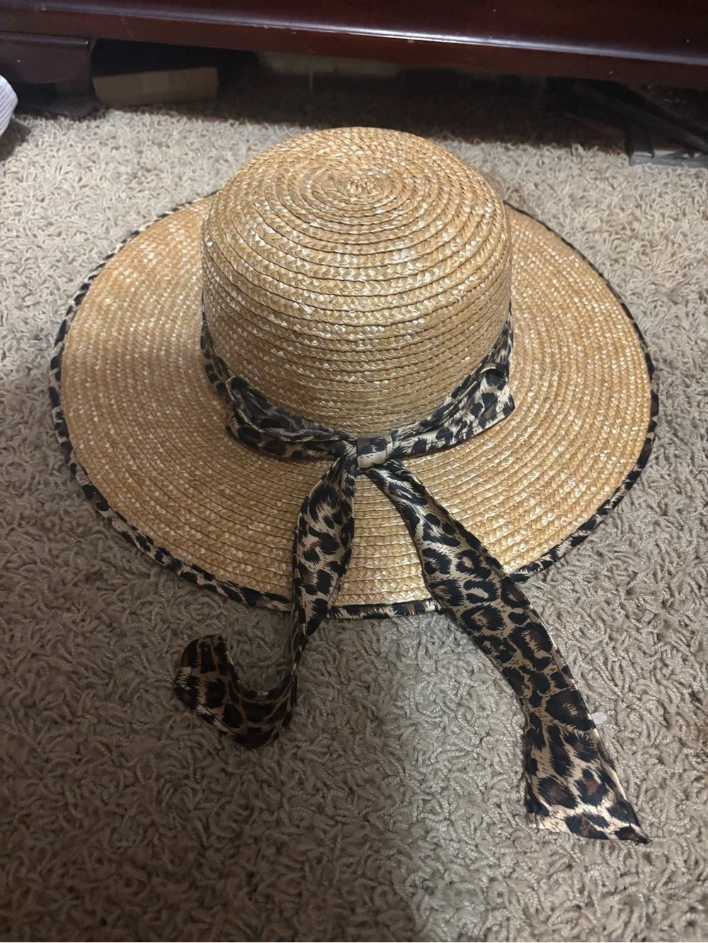 Straw Sun Hat with Leopard Tie
